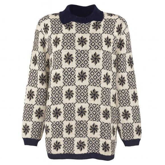Vintage Alfred Dunner Petite Medium Navy Blue White Geometric Printed Sweater - Picture 1 of 9